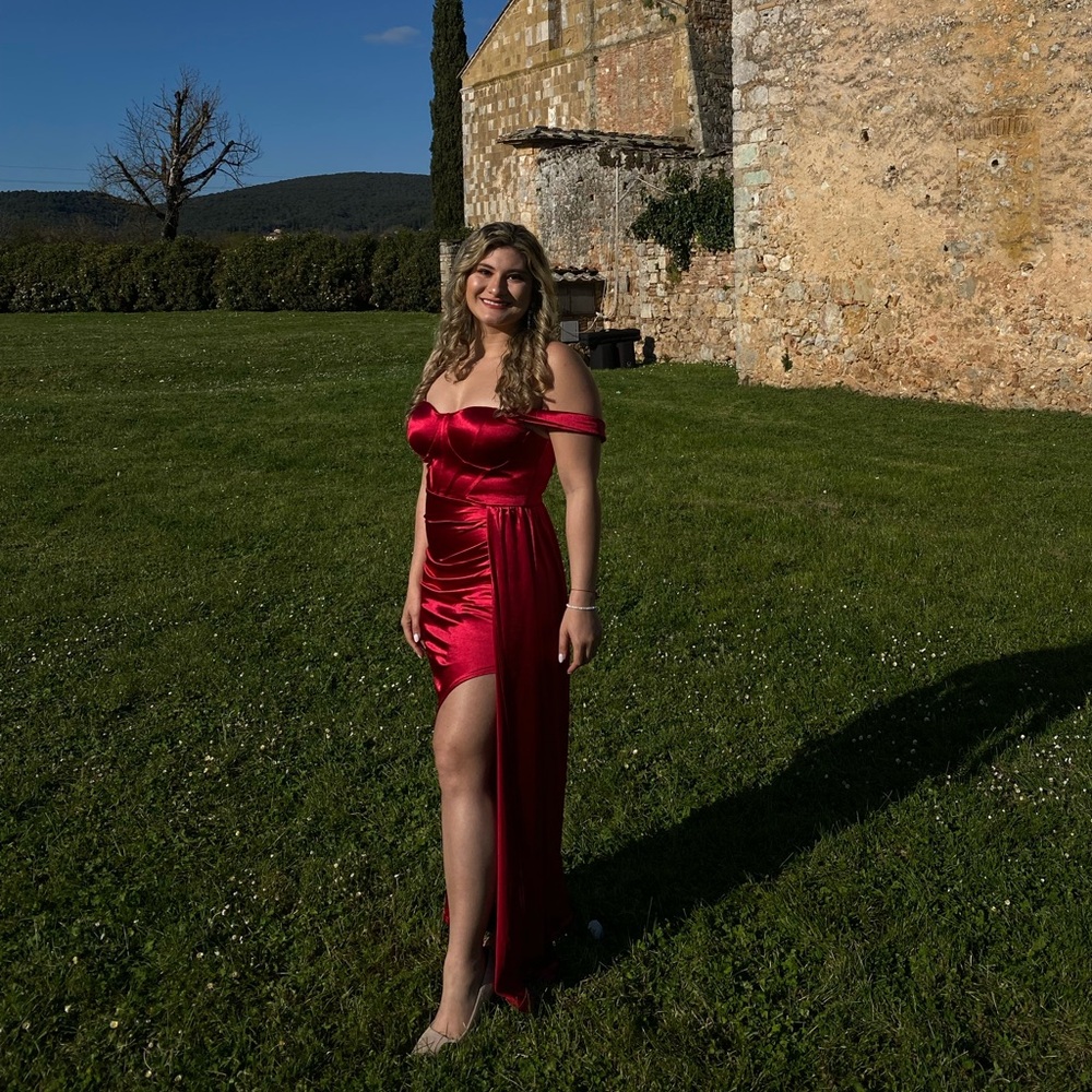 Elegant red dress for wedding guest